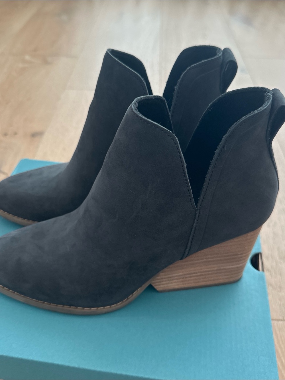 Toms Black Suede V-Cut Ankle Booties with Stacked Heel
